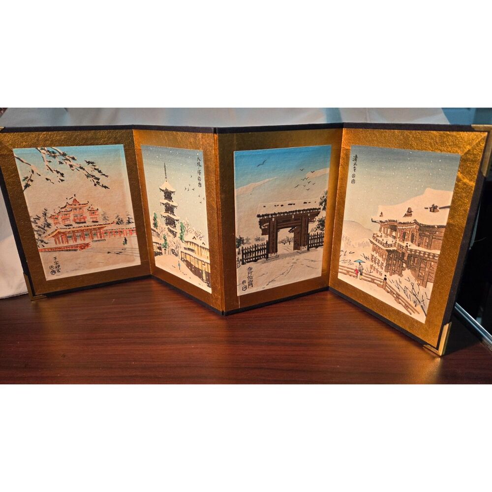Vintage MC Uchida Kyoto Woodblock 4-Panel Set Original Box & Matching Stationery